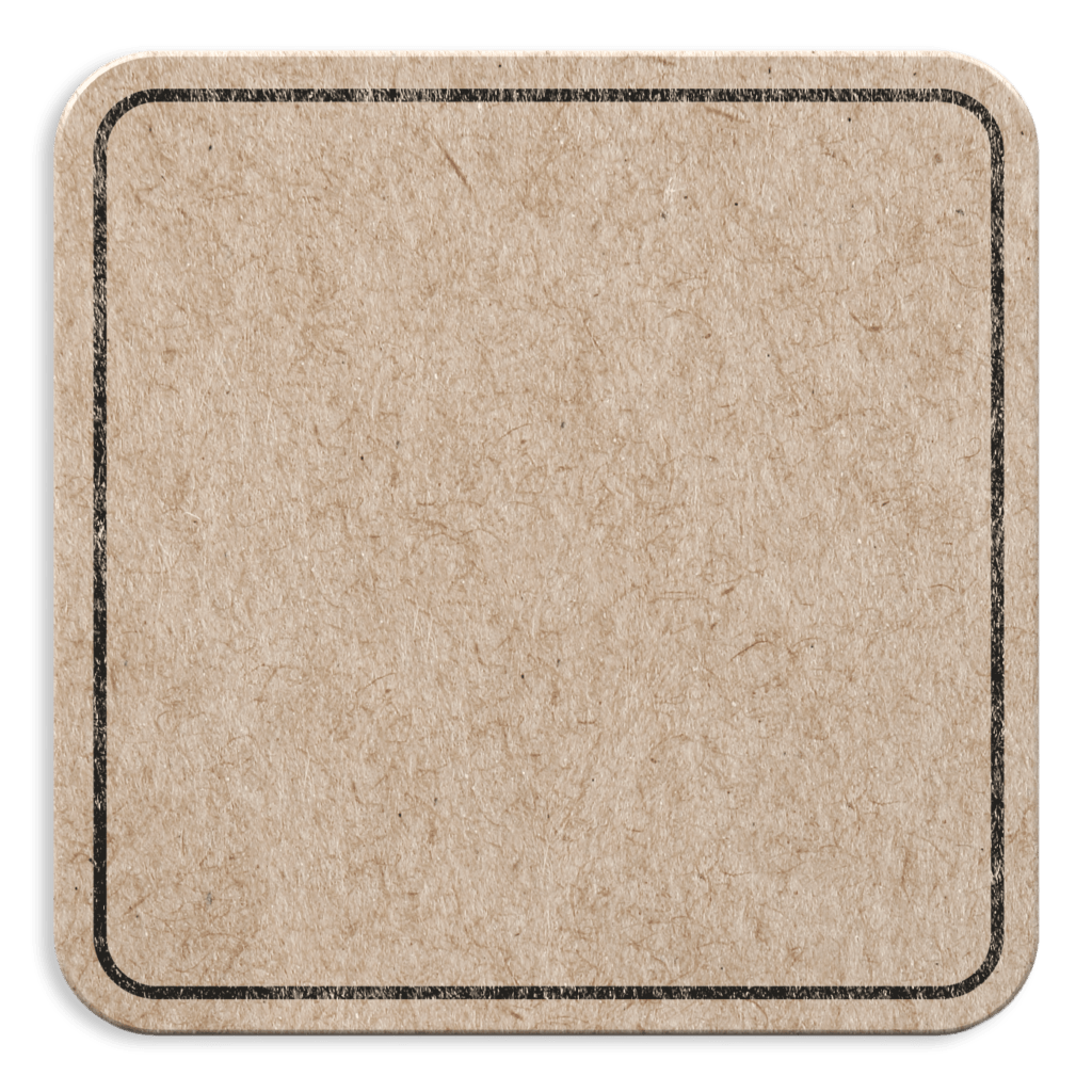 Ein unbedruckter, quadratischer, brauner Pappuntersetzer mit abgerundeten Ecken und einem dünnen schwarzen Rand.