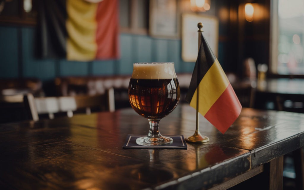 Ein Glas dunkles Bier und eine kleine belgische Flagge auf einem Holztisch in einer Bar mit belgischem Dekor.