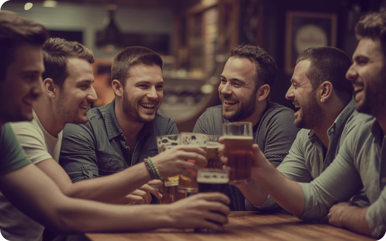 Fünf Männer sitzen an einem Holztisch in einer Bar, lächeln und halten Biergläser in die Höhe, um gemeinsam anzustoßen.