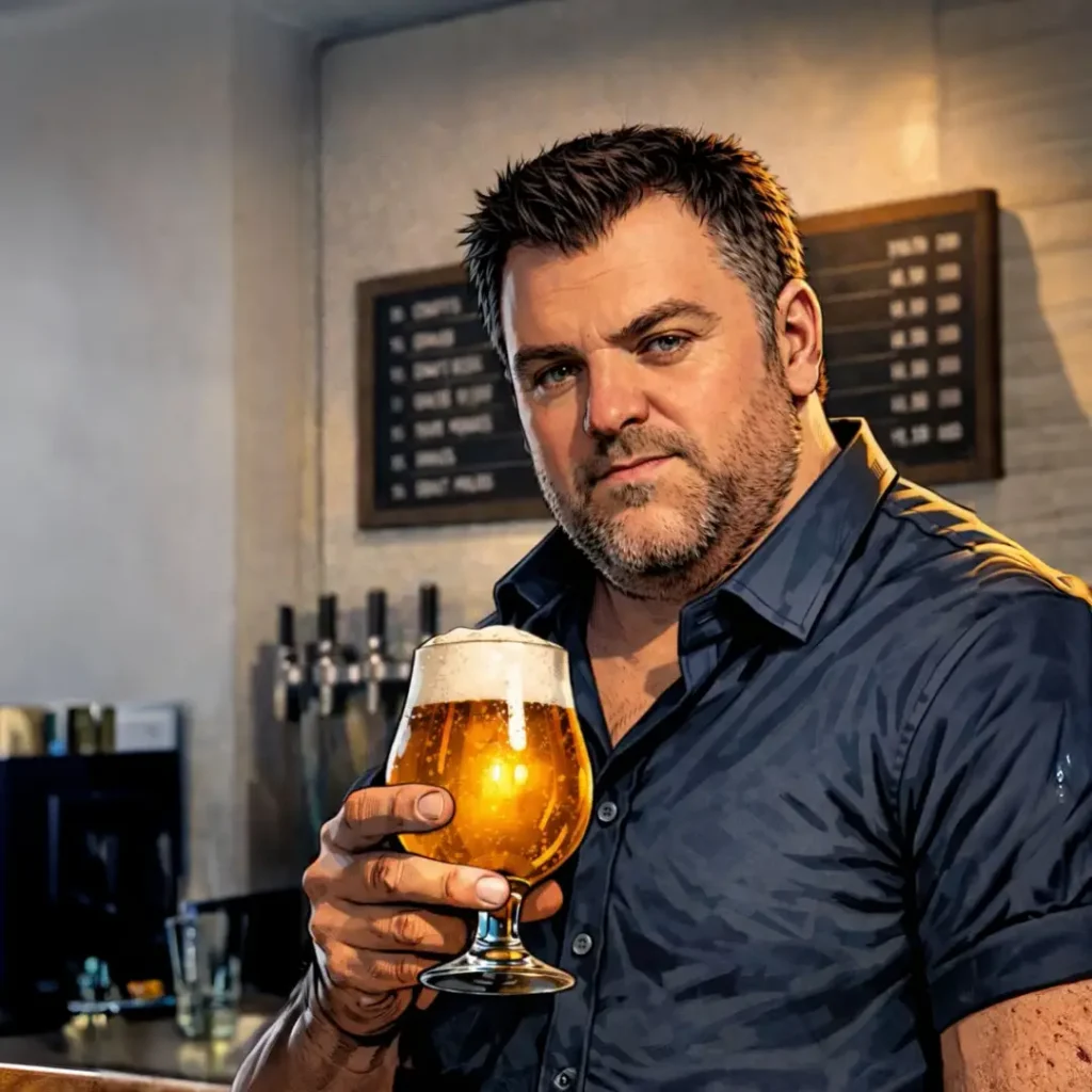 Ein Mann in einem dunklen Hemd hält ein Glas Hopfenhenne-Bier in der Hand. Er steht an einer Bar mit Zapfhähnen und einem Menübrett im Hintergrund.