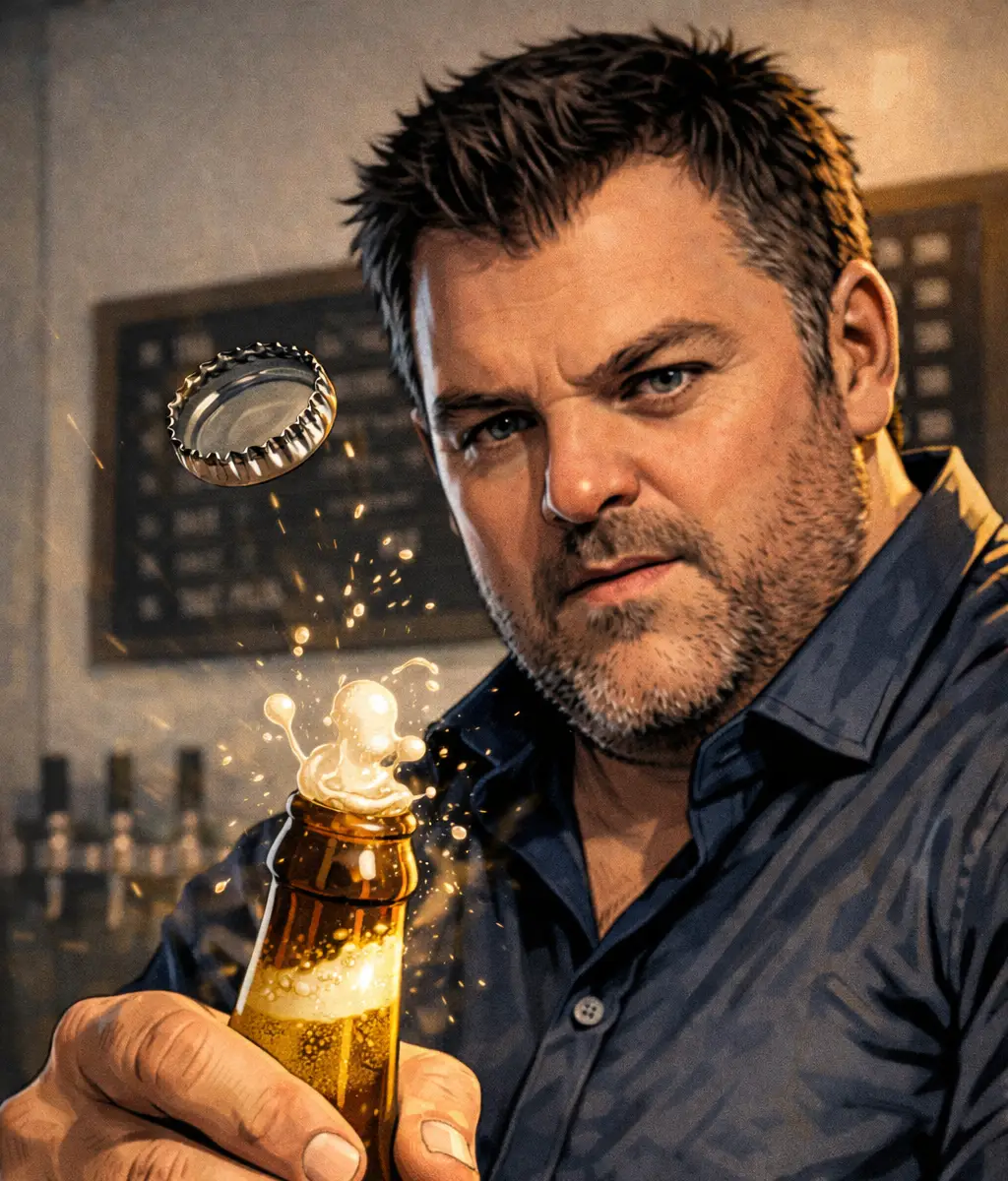 Ein Mann in einem blauen Hemd öffnet eine Bierflasche, woraufhin Schaum und Blasen aufspritzen, während der Verschluss abspringt.