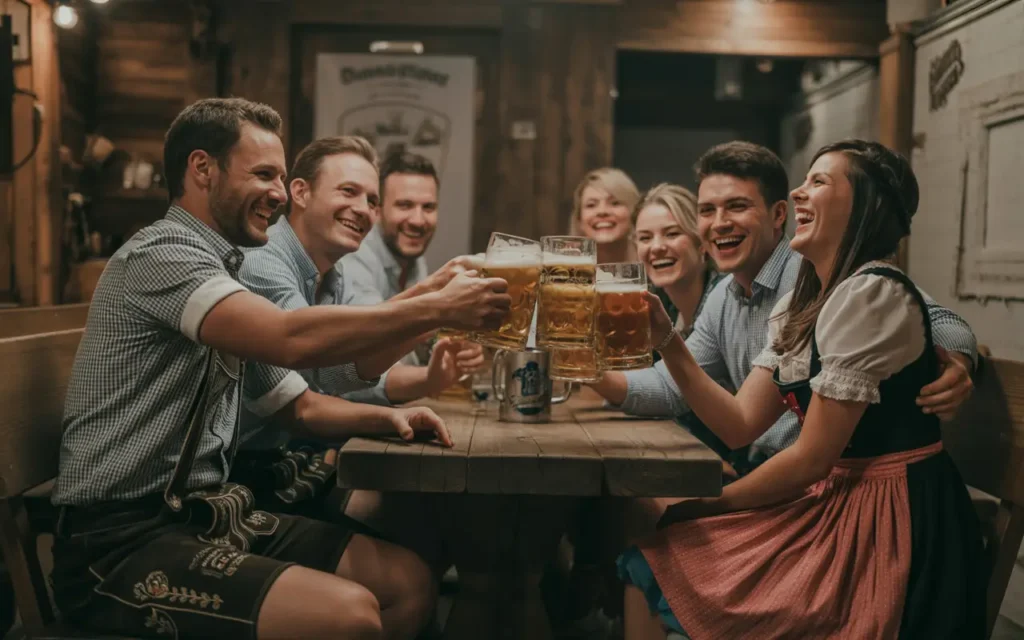 Eine Gruppe von Menschen sitzt um einen Holztisch in rustikaler Umgebung, stößt mit großen Bierkrügen an und lächelt, einige sind in traditioneller bayerischer Tracht gekleidet.