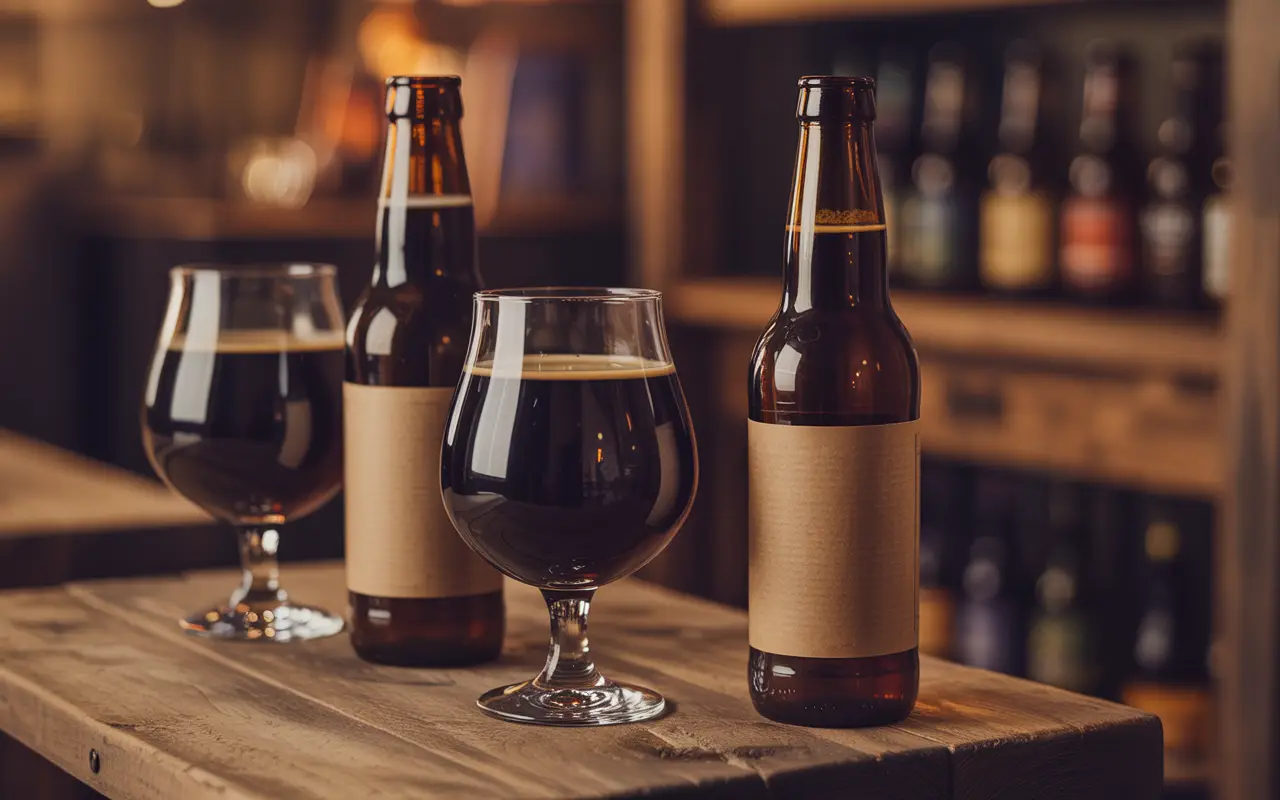 Zwei braune Bierflaschen mit leeren Etiketten und zwei mit dunklem Bier gefüllte Stielgläser stehen auf einem Holztisch in einer schummrigen Bar oder Brauerei.