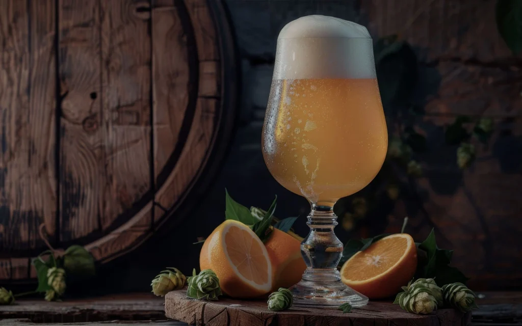 Ein Glas helles Bier mit Schaumkrone steht auf einer Holzfläche neben Orangenhälften und Hopfen, im Hintergrund ein Holzfass.