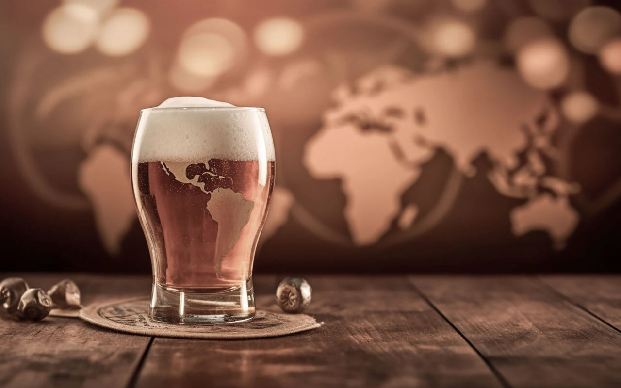 Ein Glas Bier mit Schaumkrone steht auf einem Untersetzer; die Oberfläche des Biers hat die Form einer Weltkarte, mit einem verschwommenen Kartenbild im Hintergrund.